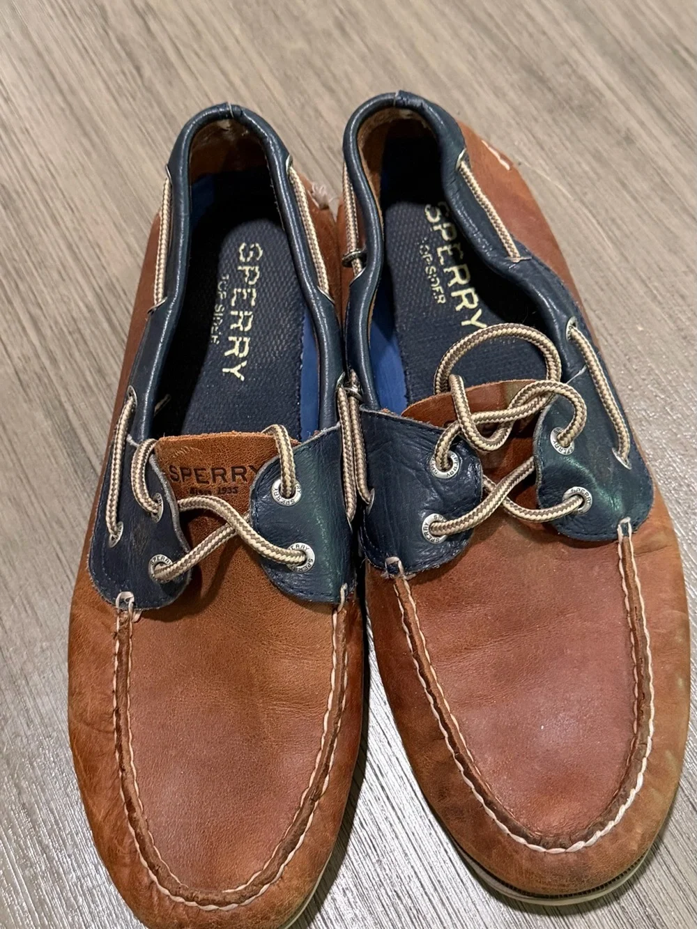 Sperry Brown and Navy Leather Moc Toe Boat Shoes